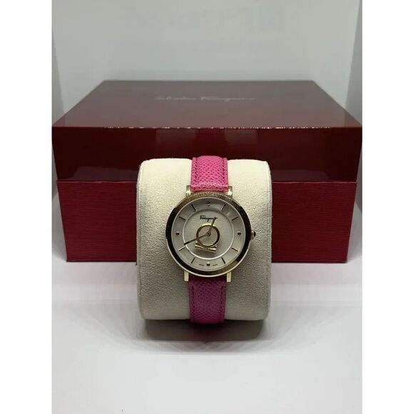 Ferragamo Women Pink Leather Analog White Dial Quartz Watch with Winder BL152 - Picture 2 of 12